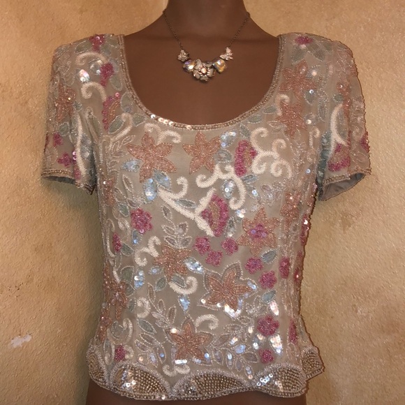 Easter Dream Vtg Adrianna Papell Silk beaded top - Picture 1 of 10